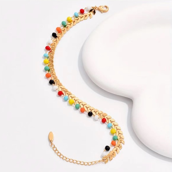 Double Layers Chain Anklet With Colorful Beads| Gold Plated Ankle Bracelet Set - Picture 5 of 5